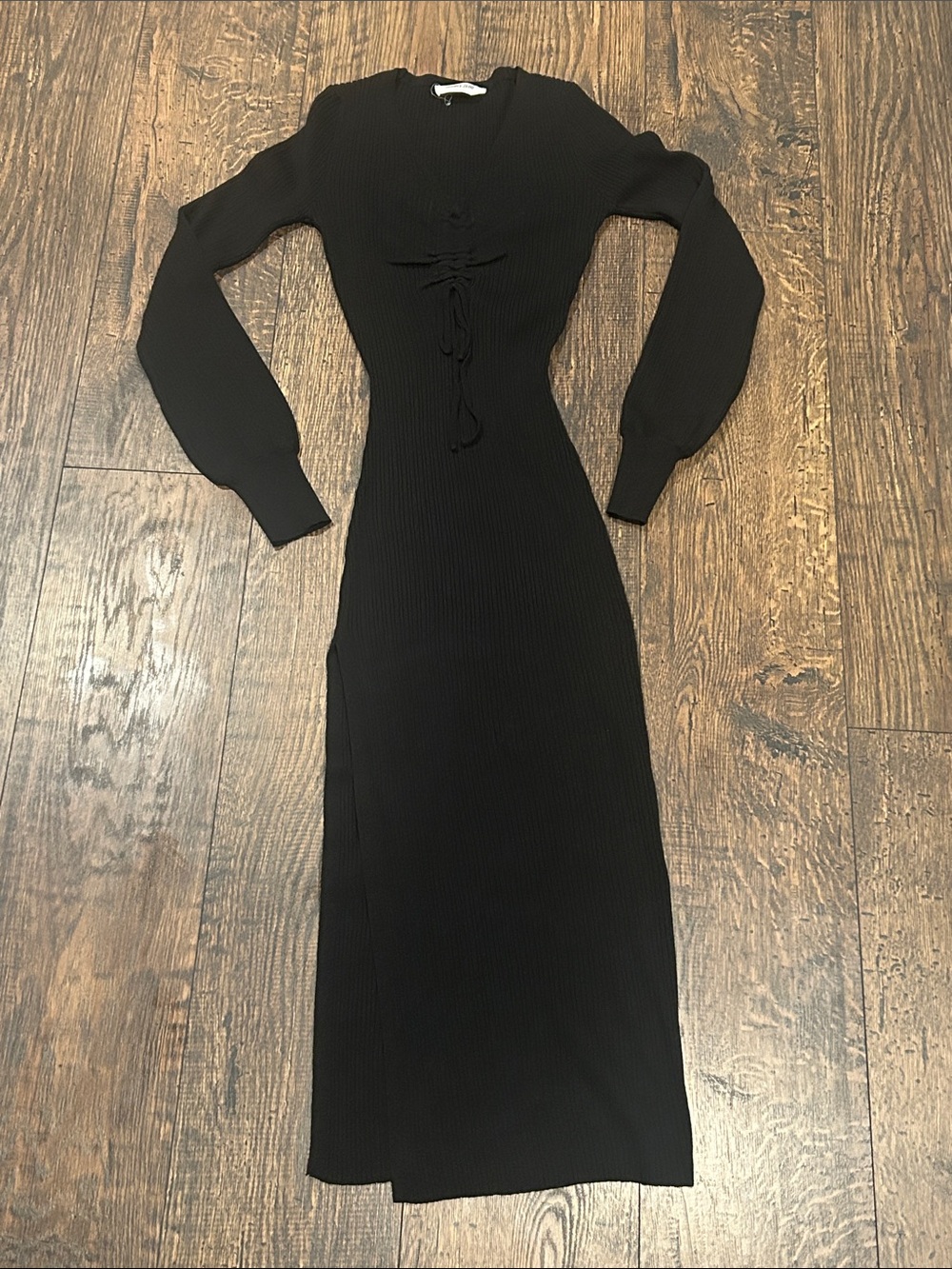 Double Zero- Black Ribbed Long-Sleeve Maxi Dress with Front Tie